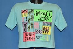 Chest 19 in.Length 17 in. Tag Says: Just On, Medium, 50/50, Made in USAThis shirt perfectly captures that 80s surf vibe with loud neon, soft poly cotton, and and a classic crop style. It's aged nicely and has a ton of life left. The imagery showcases all things beach and surf- like surfboards, flip flops, fish, and wild ocean waves.Comments: Fits like a modern unisex adult medium. This is a half shirt.   21-06-110937 Casual Neon T-shirt With Screen Print, Casual Multicolor Tops For Surfing, 90s Graphic Print Surfing Tops, 90s Graphic Print Tops For Surfing, Neon T-shirt With Graphic Print For Summer, Green Graphic Print T-shirt For Surfing, Neon Graphic Print T-shirt For Summer, Neon Summer T-shirt With Graphic Print, Neon Graphic Print Short Sleeve Top