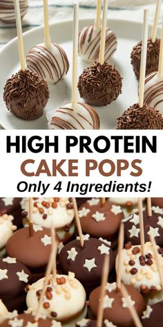 chocolate covered cake pops on a plate with text overlay high protein cake pops only 4 ingredients