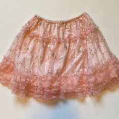 Beautiful Light Pink Skirt With Embroidered Tile Overlay Skirt. Pretty Pastel Floral Embroidery. New With Tags! Size 3/4 And 7/8 Available - Slightly Different Looks.