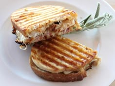 a sandwich cut in half sitting on top of a white plate next to a sprig of rosemary