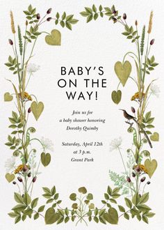 a baby's on the way card with leaves and flowers