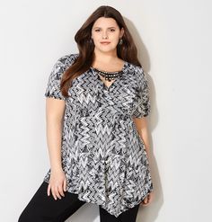 Add a fun print to your wardrobe for spring like the plus size Chevron Asymmetrical Necklace Top available online at avenue.com. Avenue Store Asymmetrical Necklace, Necklace Top, Print Tunic, Aztec Print, Size 16