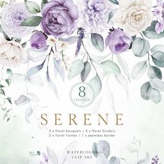 the front cover of serene watercolor clip art, featuring purple flowers and greenery