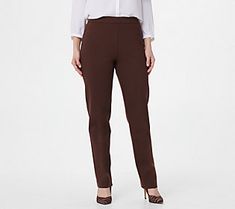 Polished and professional, these petite pants are a weekday staple. But they also do double duty when you worship, enjoy a night at the theater, or go to that new restaurant. From Susan Graver.  Original item is A345009. This product may be a customer return, vendor sample, or on-air display and is not in its originally manufactured condition. It may not be new. In some instances, these items are repackaged by QVC. The Theater, New Restaurant, Pants Brown, Susan Graver, Petite Pants, Slim Leg Pants, Tshirt Skirt, Elastic Waist Pants, Athletic Apparel