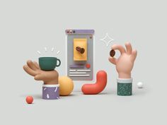 an assortment of toys including coffee mugs and fingers