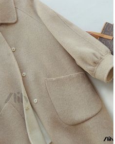 Zlily - Handmade Double-sided Wool Coat, Long Overcoat with Cashmere Casual Wool Coat With Lapel Collar In Solid Color, Casual Solid Color Wool Coat For Spring, Casual Solid Color Wool Coat, Beige Plain Outerwear For Fall, Beige Plain Outerwear For Work, Beige Wool Coat With Pockets, Beige Wool Coat With Lapel Collar And Pockets, Beige Long-sleeve Wool Coat With Pockets, Beige Long Sleeve Wool Coat With Pockets