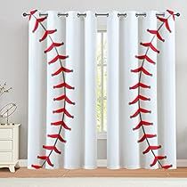 a baseball themed window curtain with red stitches on the side and white curtains behind it