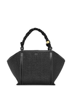 black interwoven design appliqué logo gold-tone hardware adjustable detachable shoulder strap braided top handles main compartment Luxury Black Straw Bag With Handles, Designer Black Straw Bag With Top Handle, Designer Bags With Braided Handles And Top Handle, Designer Bags With Top Handle And Braided Handles, Designer Black Straw Bag For Daily Use, Luxury Top Handle Straw Bag With Woven Leather, Luxury Leather Woven Straw Bag With Double Handle, Luxury Black Straw Bag With Braided Handles, Luxury Bags With Braided Round Handles