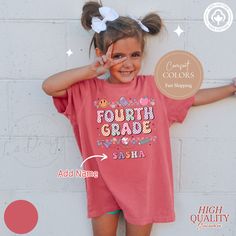 **4thgrade Shirt Girl, Comfort Color Fourth Grade Shirt, Custom Kids School Grade Tee, Back to School Shirt Boy,Personalized 4th Grade T-shirt* ✨Our designs are original creations✨ ✨We welcome any custom orders you may have. Please message us! ✨ Get your child ready for the new school year with our 4th Grade Shirt! This Comfort Color Fourth Grade Shirt is perfect for both boys and girls, offering a stylish and comfortable fit. Personalize it with your child's name for a unique Back to School look that they'll love to wear. Made from high-quality fabric, this custom kids' school grade tee is durable and soft, ensuring all-day comfort. Ideal for the first day of school or any school event, this personalized 4th Grade T-shirt will make your child feel special and excited for their fourth grad Fun Pink T-shirt For School Events, Short Sleeve Birthday Shirt For End Of School Year, Pink Short Sleeve T-shirt For School Events, Casual Tops For Birthday And Back To School, School Spirit Short Sleeve Shirt For Birthdays, Pink T-shirt For End Of School Year, School Spirit Short Sleeve Shirt For Birthday, Cute School Tops With Name Print, Cute Crew Neck Tops For School Events