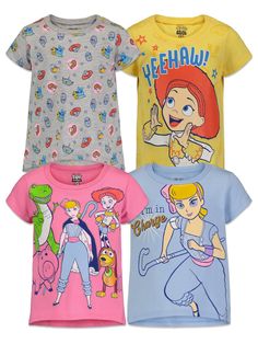 PRICES MAY VARY. Jersey, 100% Cotton Officially licensed Disney Pixar Toy Story toddler girls short sleeve graphic tee shirt All over print design; Brightly colored assortment; Pull on closure Youth fashion tees with cool character designs your child will love to wear; made from soft clothing material that is safe on children's skin Durable and long-lasting graphic tshirts with a comfortable fit and an easy to dress design making these shirts the essential top in your active kid's favorite outfi Disney Jessie, Toddler Girl Shorts, Girl Sleeves, Bo Peep, Pixar Toys, Soft Clothes, Disney Kids, To Infinity And Beyond