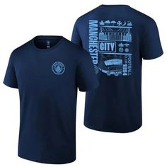 "Manchester City Navy Premium \"Stadium\" Digital Print T-Shirt Officially Licensed Grab this Manchester City Stadium T-Shirt! Show your support for Man City with our officially licensed adult Manchester City Stadium T-Shirt in one ink color on a 100% cotton T-Shirt. Be part of the team and flaunt your pride with this one-of-a-kind tee. Comfort and quality you can rely on so you can show your City love. Official Licensed Manchester City product 100% Cotton Digital Printed graphics Tagless Collar Sports Fan T-shirt With Short Sleeves, Blue Graphic Print T-shirt For Football Season, Crew Neck T-shirt For Fan Events, Graphic Print T-shirt For Football Season Fan Events, Fan Apparel T-shirt For Team Events With Letter Print, Fan Apparel T-shirt With Letter Print For Team Events, Team Logo Graphic Tee For Fan Events, Graphic Tee With Team Logo For Fan Events, Sports Fan Cotton T-shirt For Fan Events