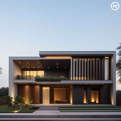 an exterior view of a modern house at dusk