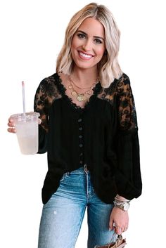 Black V Neckline Lace Shoulder Patchwork Blouse