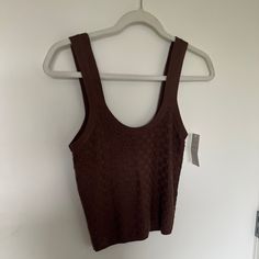 Brand New, Never Worn! Color Is A Chocolate Brown. Subtle Checkered Pattern. Brown Fitted Knitted Top, Fitted Brown Knitted Top, Fitted Soft Knit Brown Top, Fitted Textured Knit Brown Top, Fitted Brown Textured Knit Top, Fitted Brown Knit Top, Brown Soft Knit Top, Cowl Neck Shirt, White Crop Tank