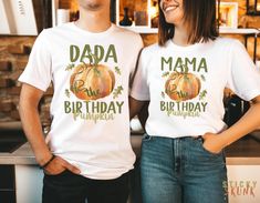 These pumpkin birthday tees for Mama, Dad and the birthday boy or girl are the perfect outfit for your new addition to the family patch!  🦨 --- ABOUT THIS ITEM --- ✦ 100% super soft cotton (fiber content may vary for different colors) ✦ Lightweight fabric ✦ Popular choice! ✦ T-shirts are Bella+Canvas, baby bodysuit is Rabbit Skins brand - please see size charts for details!   🦨 --- SIZING --- ✦ Please consult the size charts before purchase to ensure a great fit for everyone! ✦ This shirt is a true-to-size UNISEX tee ✦ For that "oversized" look, please size UP +2 sizes!  ✦ To determine your size accurately, we suggest measuring the width (underarm to underarm) and length (top to bottom) of your favorite tee, and then compare it with the size chart.  ✦ As all of our shirts are made to ord Fall Crew Neck Birthday T-shirt, Crew Neck Birthday T-shirt For Fall, First Birthday Outfit Boy, Pumpkin 1st Birthdays, Halloween Moms, Dad Tshirt, Pumpkin Birthday, First Birthday Outfit, Girl Halloween