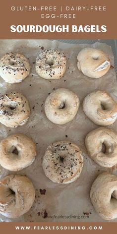 bagels on parchment paper with text overlay reading gluten - free dairy - free sourdough bagels