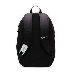 a black and white backpack with a tag on the front pocket that says nike, it is