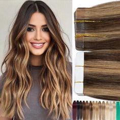 (eBay) Double Sided Tape In Human Hair Extensions Real 100% Remy Thick 2.5g Mix Colour Extensions Hair Brown, Highlights For Black Hair And Indian Skin, Light Brown Extensions, Hair Highlights For Black Hair, Hair Colour For Indian Skin, Weft Hair Extensions Balayage, Nano Hair Extensions, Hair Extensions Light Brown, Brown Clip In Hair Extensions