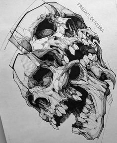 a black and white drawing of a human skull