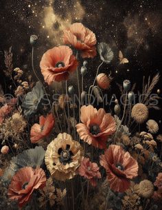 a painting of flowers and butterflies in the night sky with stars above them, as if it were an art work