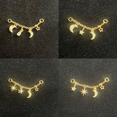 four pictures of gold charms with stars and crescents hanging from the ends, on a black surface