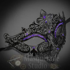 Womens Luxury Metal Venetian Masquerade Mask [Black With Purple Rhinestones] Black Masquerade Mask For Halloween Gift, Elegant Black Masquerade Mask For Gift, Elegant Black Masquerade Mask As Gift, Vintage Black Masquerade Mask, Venetian Black Masquerade Mask, Masquerade Attire, Purple Masquerade Mask, Purple Masquerade, Masquerade Mask Black