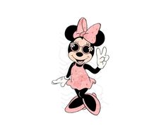 a minnie mouse with sunglasses and a pink bow on her head, sitting in the air