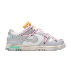 Find NIKE Off- X Dunk Low 'lot 09 Of 50 on Editorialist. This Off-White x Nike Dunk Low is taken from the ‘Dear Summer’ collection, a sprawling follow-up to Virgil Abloh’s first Nike Dunk collaboration from 2019. The low-top makes use of a white leather upper with soft grey canvas overlays, along with Virgil Abloh’s calling-card flourishes, which include a plastic zip tie and printed Helvetica text. Contrasting pops of color arrive via the sneaker’s secondary lacing system, zip-tie, an exposed-foam tongue and a rectangular tab affixed to the Swoosh. Limited to fifty pairs, a ’9 of 50’ badge is affixed on the lateral midsole. Nike Custom Sneakers With Vulcanized Sole For Streetwear, Nike Streetwear Custom Sneakers, Nike Custom Sneakers For Streetwear, Nike Custom Sneakers For Light Sports, Nike Custom Sneakers With Vulcanized Sole For Light Sports, Off White X Dunk Low, Tenis Nike Jordan, Dr Shoes, Cute Nike Shoes