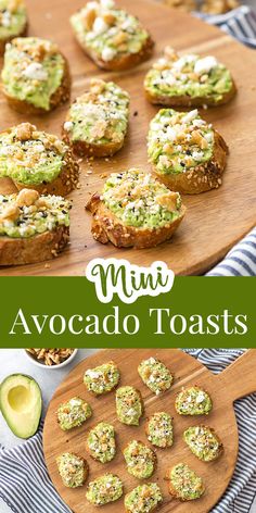 mini / appetizer avocado toast on a cutting board with other snacks