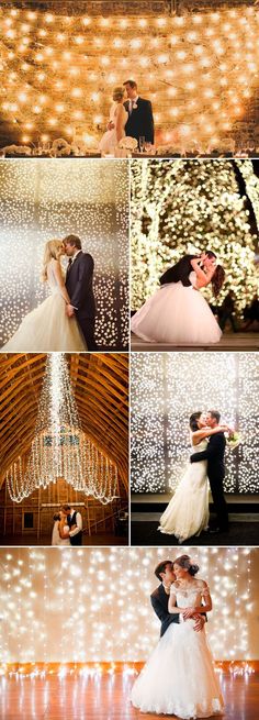 the bride and groom are posing for pictures in their wedding photobooting session with lights behind them