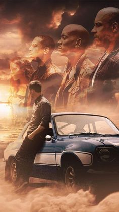 a movie poster for the fast and the furious with two men standing next to a car