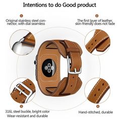 an image of a smart watch with instructions on how to adjust the leather strap and buckle