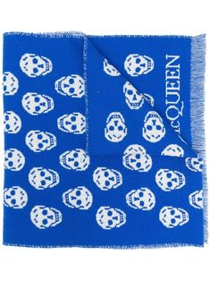 skull-print knitted scarf from Alexander McQueen featuring blue, white, wool, knitted construction, fine knit, skull print, intarsia-knit logo and fringed edge. | Alexander McQueen Skull-Print Knitted Scarf Queen Skull, Skull Scarf, Knit Logo, Blue Scarf, Skull Earrings, Scarf Hat, Skull Print, Wool Scarf, Scarf Print