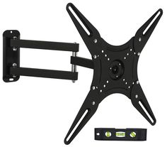 a large black tv wall mount with one arm and the other arm holding a flat screen