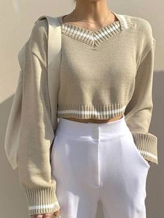 DAZY Striped Trim Drop Shoulder Crop Sweater Beige V-neck Cropped Sweater Casual, Beige V-neck Cropped Sweater Casual Style, Beige Knit Long Sleeve Cropped Sweater, Casual Beige Long Sleeve Cropped Sweater, Beige Long Sleeve Cropped Sweater, Casual Beige Cropped Long Sleeve Sweater, Beige Long Sleeve Cropped Sweater Casual, Beige Knitted Long Sleeve Cropped Sweater, Beige Long Sleeve Knitted Cropped Sweater