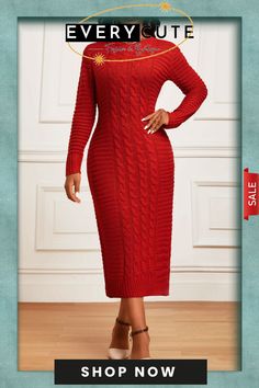 Red Long Sleeve Round Neck Bodycon Dress Solid Sheath Bodycon Winter Dress, Winter Non-stretch Solid Color Bodycon Dress, Non-stretch Solid Color Winter Bodycon Dress, Red Non-stretch Winter Dress, Red Stretch Bodycon Dress For Winter, Red Stretch Bodycon Winter Dress, Fitted Red Sweater Dress For Winter, Red Knee-length Bodycon Dress For Winter, Red Bodycon Dress For Winter