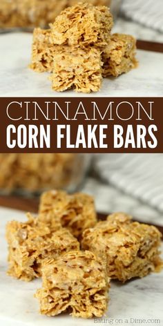 cinnamon corn flake bars stacked on top of each other with the text overlay