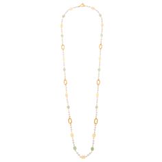 Make waves with the Symi necklace from the Calypso collection, inspired by the greek goddess of the sea. Plated in 24k gold, this long chain necklace features Majorca pearls and semi-precious stones in sun-kissed hues. With a toggle fastening and a length of 39'', this necklace is ready for a sunset picnic or a day in the sand. This necklace is carefully made to order in our NYC Design Studio. Elegant Long Gold Necklace With Natural Stones, Elegant Gold Long Necklace With Natural Stones, Elegant Gold Long Necklace With Gemstone, Gold Pearl Necklace With Natural Stones, Gold Long Necklace With Natural Stones, Artisan Green Jade Beaded Necklace, Luxury Beaded Jade Necklace, Artisan Agate Long Necklace, Artisan Gold Glass Necklace