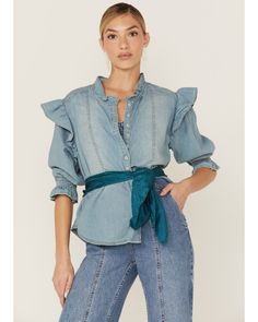 Free People Women's Louise Denim Top, Blue Chic Washed Denim Top For Fall, Chic Medium Wash Denim Top For Fall, Chic Washed Blue Denim Top For Fall, Washed Blue Denim Top For Fall Day Out, Relaxed Fit Trendy Denim Top For Spring, Spring Medium Wash Top With Button Closure, Chic Washed Denim Top In Denim Blue, Spring Denim Top With Button Closure And Relaxed Fit, Spring Medium Wash Tops With Button Closure