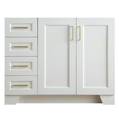 a white bathroom vanity with gold handles on the door and drawer drawers in front of it