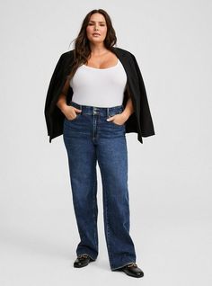 FIT Model is 5'11” wearing size 14. High rise. . Roomy straight fit from thigh to ankle. Inseam: Short: 28”, Reg: 30”, Tall: 32”. MATERIALS + CARE Vintage Stretch Denim: The feel and look of classic denim with just that perfect amount of stretch. . Stretch level: Low Stretch. 98% cotton, 2% spandex. Machine wash cold, inside out. Tumble dry low. Imported. DETAILS 5-pocket design. WHY WE LOVE IT Inspired by the relaxed, baggy vibes of 90s skater jeans with a bit more room in the legs. The best pl Denim Shorts Outfit, 90s Skater, Skater Jeans, Fitted Wedding Dress, Feel Pretty, Plus Size Jeans, Moto Jacket, Pocket Design, Stretch Jeans