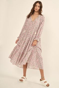 Pink floral print boho long sleeve tiered midi dress Spring Pink V-neck Tiered Dress, Feminine Pink Midi Dress With Ditsy Floral Print, Feminine Floral Midi Dress With Ruffle Hem, Feminine Midi Floral Dress With Ruffle Hem, Feminine Spring Tiered Dress With Floral Print, Feminine Floral Print Tiered Dress For Spring, Flowy Floral Print Tiered Dress For Spring, Flowy Feminine Tiered Dress With Floral Print, Feminine Flowy Tiered Dress With Floral Print