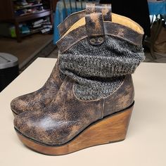 Bed Stu Brugus Wedge Booties. Rustic Bronze Lux Leather With Slouched Heather Grey Fabric Upper, Pull Tabs And Round Toe. Size 9, Brand New With Tags But Was Dropped And Heel Was Scratched Pictured Above Otherwise In Excellent Condition. Casual Wedge Boots With Stacked Heel For Fall, Casual Wedge Boots With Stacked Heel And Round Toe, Casual Wedge Ankle Boots With Stacked Heel, Woman Bedding, Copper Hair Color, Bed Stu, Copper Hair, Heels & Wedges, Boot Sandals