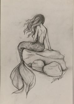 a pencil drawing of a mermaid sitting on a rock with her tail curled in the wind