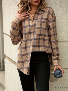 Lasaky - Womens Plaid Print Drop Shoulder Shirt: Versatile Long Sleeve Top with Patched Pocket Drop Shoulder Shirt, Plaid Print, Womens Plaid, Drop Shoulder, Long Sleeve Top, Gingham, Collar Styles, Long Sleeve Tops, Sleeve Top