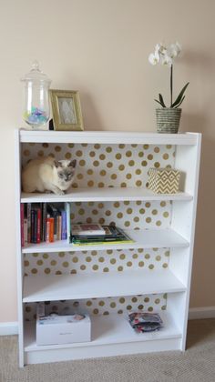 a cat sitting on top of a white book shelf