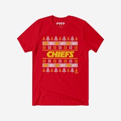 Kansas City Chiefs Holiday Sweater T-Shirt FOCO S - FOCO.com Crew Neck Fan Apparel T-shirt, Fan Gear Graphic Print Crew T-shirt, Sporty Graphic Print Winter T-shirt, Sporty Graphic Print T-shirt For Winter, Game Day Crew T-shirt For Sports Season, Crew Neck T-shirt For Game Day, Fan Apparel, Game Day Fan Apparel T-shirt With Crew Neck, Fan Apparel Crew T-shirt For Sports Events, Team Spirit Graphic Print Crew T-shirt