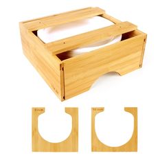 a wooden box with two plates in it next to the cutout for each plate