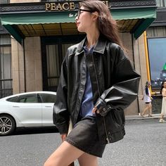 Vevesc American Vintage Leather Jacket Women Zip Up Old Money PU Racing Jackets Oversize Aesthetic Korean Fashion Streetwear 1Measurement In CM size Shoulder(cm) Bust(cm) Length(cm) Sleeve(cm) S 58 120 61 51 M 59 124 63 52 L 60 128 65 53 Leather Jacket Old Money, Aesthetic Korean Fashion, Oversized Aesthetic, Suede Outfit, Leather Jacket Women, Racing Jackets, Aesthetic Korean, Vintage Leather Jacket, Fashion Streetwear