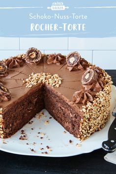 there is a chocolate cake with nuts on it